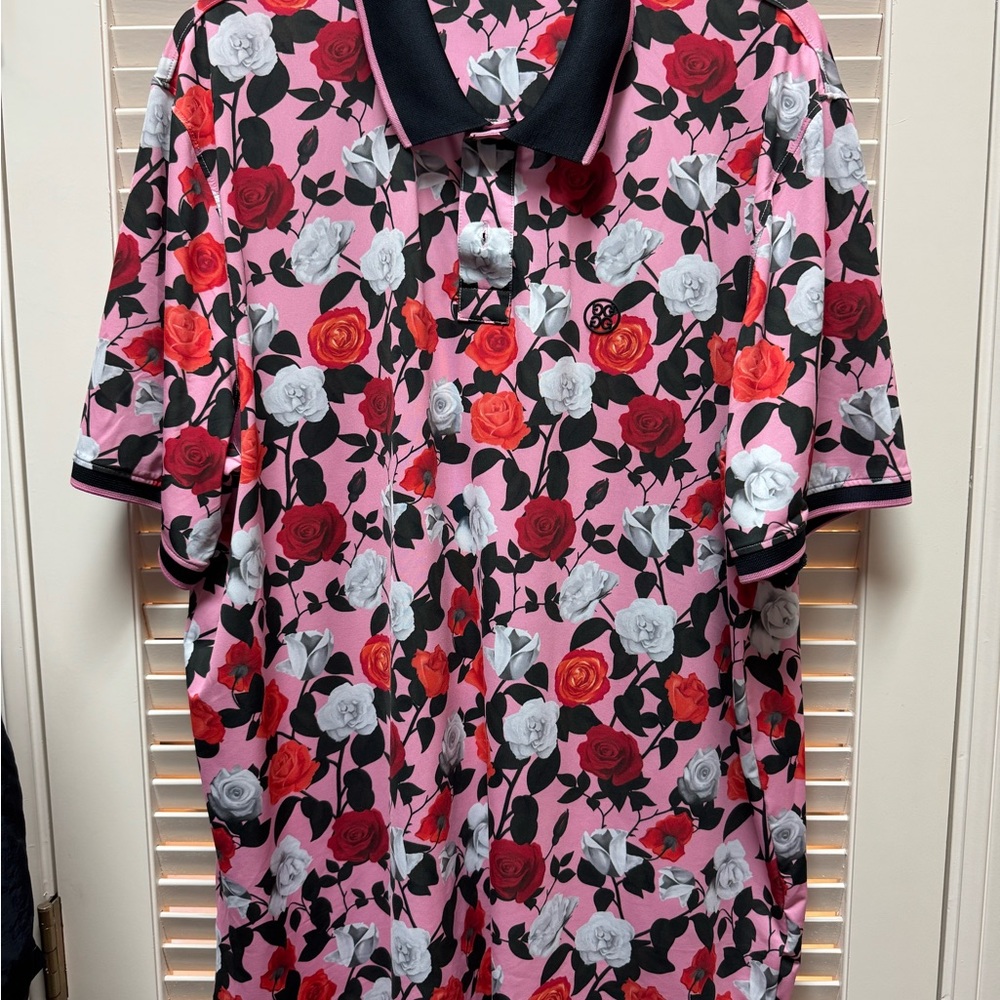 G/FORE Pink Floral Polo with Red and Black Accents